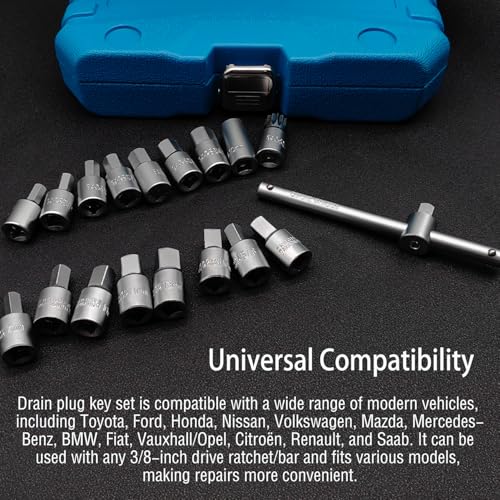 18PCS 3/8" Drive Oil Drain Sump Plug Key Set, Drain Plug Socket Kit | Hex, Square Triangle, Torx, Spline, Gearbox, Engine Repair, Mechanic tool, Oil Sump, Differential, Back Axle, Socket Wrench