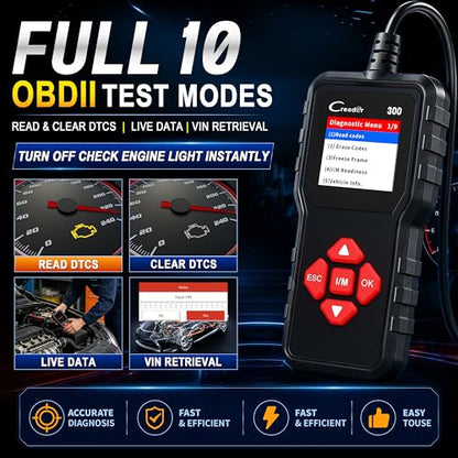 LAUNCH Creader 300 OBD2 Code Reader, Diagnostic Scanner with Battery Test | Full 10 OBDII Modes, Read & Clear DTCs, Live Data, VIN, Freeze Frame & I/M Readiness