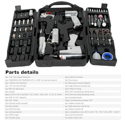 71-Piece Air Tool Kit, 1/2" Impact Wrench, 150mm Hammer, 1/4" Die Grinder, Ratchet Wrench, Air Compressor Tools with Full Accessories for Mechanics