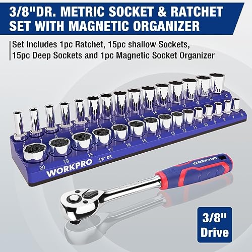 WORKPRO 32-Piece 3/8-inch Drive Metric Sockets and Ratchet | 30 Metric Deep and Shallow Sockets, 6-20mm with Magnetic Organizer, 72-Tooth Quick Release Reversible Ratchet, Auto Repair