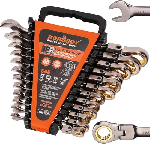 HORUSDY 12-Piece SAE Flex-Head Ratcheting Wrench Set with Organizer | 1/4” to 7/8“ Ratchet Combination Wrenches Set | 72-Teeth | Chrome Vanadium Steel - style: 12-Piece SAE Flex-Head Ratcheting - Pro