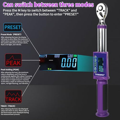 Digital Torque Wrench 3/8 Drive, (3.7-44.2 FT-LB/5-60N.M) ±2% High Accuracy Digital Torque Wrench, With Vibration, Buzzer and LED Alert - size: 3/8-inch (3.7-44.2 Ft-lbs./5-60Nm)