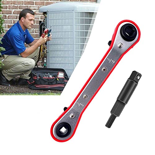 HVAC Service Wrench Set, Air Conditioner Valve Curved Ratchet Wrench (1/4", 3/8", 3/16", 5/16"), with Hexagon Bit Adapter Tool Kit for Refrigeration Equipment and Repair