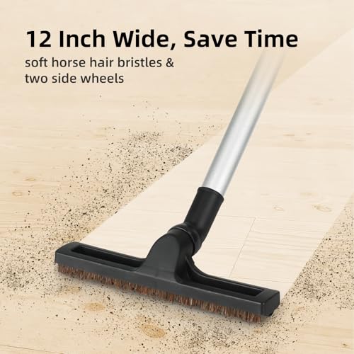 Horsehair Floor Brush for Shop Vac 2-1/2" 1-1/4" Wet Dry Vacuum Hoses, 12" Floorhead Vacuum Attachment with Horse Hair Bristles, 360-Degree Rotation, Black