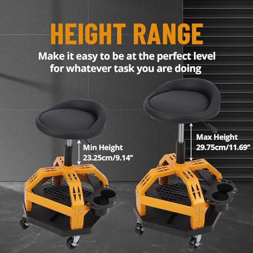 Heavy Duty Rolling Mechanic Stool with Wheels - Adjustable Height 23-30cm - 360° Swivel Padded Seat with Backrest - Double Mesh Frame, Tool Tray, Cup Holder - 330 lbs Capacity - Square Feet - size: with Cup Holder