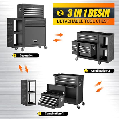 8 Drawer Tool Chest with Wheels, Exclusive 3-In-1 Tool Box Combo with Removable 4-Tire Utility Cart, Locking Mechanic Tool Cart with Liner for Warehouse, Workshop, 35”W x 13”D x 43”H -2026 New Upgrade