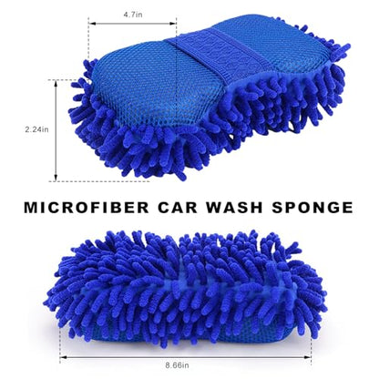 Microfiber Car Wash Sponge, Scratch-Free Vehicle Washing Mitt with Chenille & Mesh Sides, Highly Absorbent Sponge Lint-Free Cleaning Tool for Car Washing & Detailing (Blue) - color: Blue