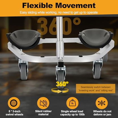 noblequest Kneeling Sitting Creeper with 3" Casters, 1.2cm Foam-Padded Rolling Knee Pads for all Floor Work, Rust-Proof Aluminum-Coated Frame, Three-Position Adjustable Seat, Supports 400 lbs, Black