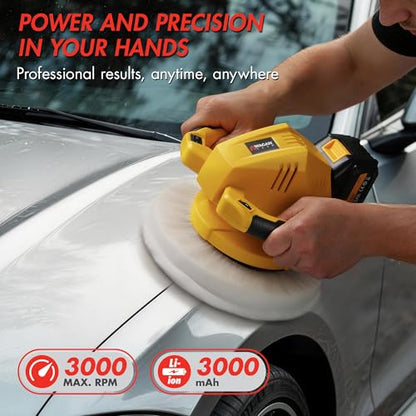 Wagan EL6404 OneVolt Cordless Polisher 10 XL Dual Action 10 Inch Buffer Kit with Dual-Handle, 6 Variable Speed 1500–3000 RPM, Includes 21V 3.0Ah Rechargeable Battery for Car Waxing and Detailing