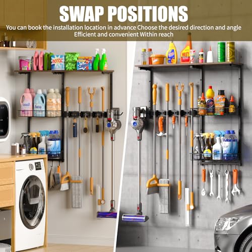 Broom Holder Wall Mount，Mop Rack With Storage Basket,Diversity Laundry Room Cleaning Tool Storage container，Suitable Family Garage Kitchen Organization Wall-Mounted Rack (Black, Medium)