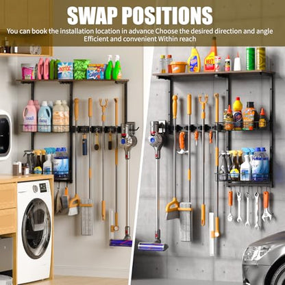 Broom Holder Wall Mount，Mop Rack With Storage Basket,Diversity Laundry Room Cleaning Tool Storage container，Suitable Family Garage Kitchen Organization Wall-Mounted Rack (Black, Medium)