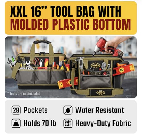 Ryker 16’’ Heavy Duty Tool Bag. Tool Box Organizer for Electrician & Plumber - color: 16-Inch Tool Bag