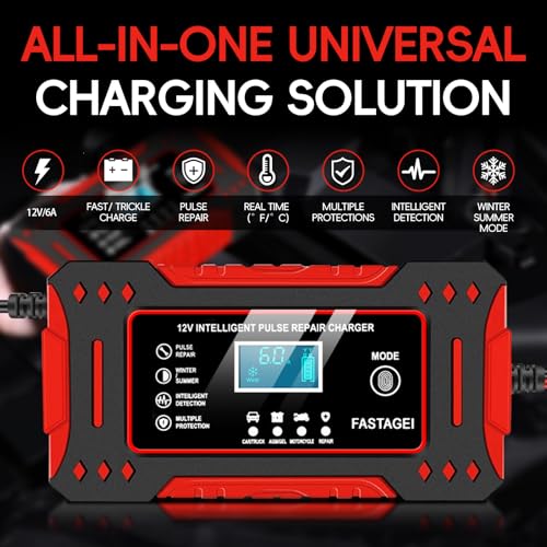 6-Amp Battery Charger, 12V 6A Lead Acid Portable Car Battery Charger 4-Stage Trickle Charger Smart Battery Maintainer w/Temp Compensation for Car Truck Lawn Mower Boat Marine