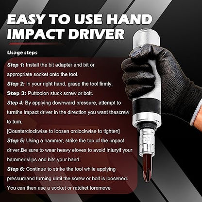 1/2" Hand Manual Reversible Impact Driver Set Extractor-12 PCS Impact Screwdriver S2 Steel Much More Durable Disengage Rusted Fasteners (3/8) - size: 3/8 Long