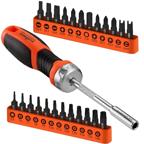 HORUSDY 25-Piece Security Torx Screwdriver Bit Set | T5-T40 Torx Bit Set 1/4 inch Ratcheting Magnetic Bit Driver | 12Pcs T-Drive Bits and 12Pcs Common Bit - style: Torx Bit Set