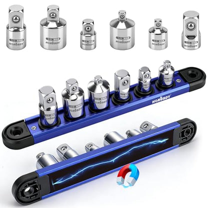 6-Piece Storeable Socket Adapter and Reducer Set with Magnetic Rail, Ratchet Adapter Set 1/4" 3/8" 1/2" Drive, Chrome Vanadium Steel, for Impact Driver & Drill, Organized Holder - style: 6-PCS + Magnetic Rail
