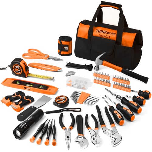 THINKWORK Tool Set - 207 Piece Portable Home Repairing Tool Kit, General Household Hand Tool Set with 13'' Wide Mouth Open Storage Tool Bag, Perfect for DIY, Home Maintenance, Handyman - Gift for Men - color: Orange