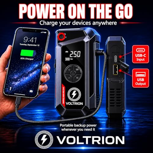 Jump Starter with Air Compressor, 1500A Car Battery Booster 150PSI | 150PSI auto-stop tire inflator, 12000mAh power bank & LED light. Starts 12V gas & diesel, compact cars to semi-trucks