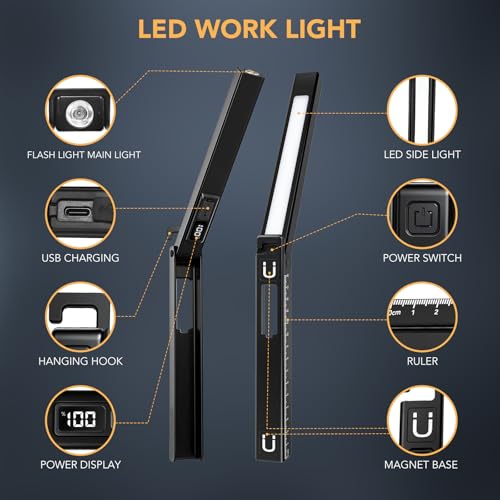 Rechargeable Work Light, LED Pen Work Light with 180° Rotate Foldable Design, Portable Work Lights Magnetic Back and Hook Work Flashlight for Car Repairing, 4 Lighting Modes, USB C Cable, Pack of 1
