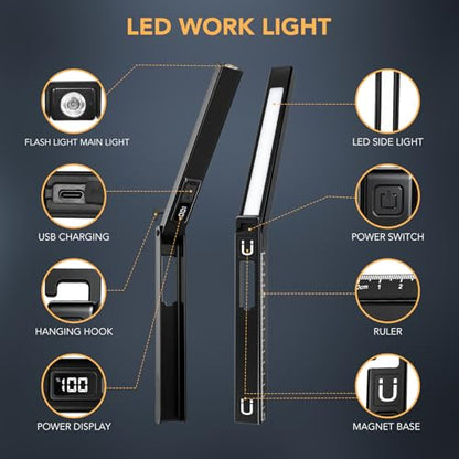 Rechargeable Work Light, LED Pen Work Light with 180° Rotate Foldable Design, Portable Work Lights Magnetic Back and Hook Work Flashlight for Car Repairing, 4 Lighting Modes, USB C Cable, Pack of 1