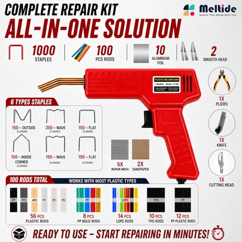 Upgraded 220W Plastic Welder Kit for Car Bumper Repair, 2-in-1 Hot Stapler & Plastic Welding Gun, Fix Cracked Plastic in Seconds, with1000 Staples &100 Welding Rods, Easy DIY Automotive Repair tool - color: Red