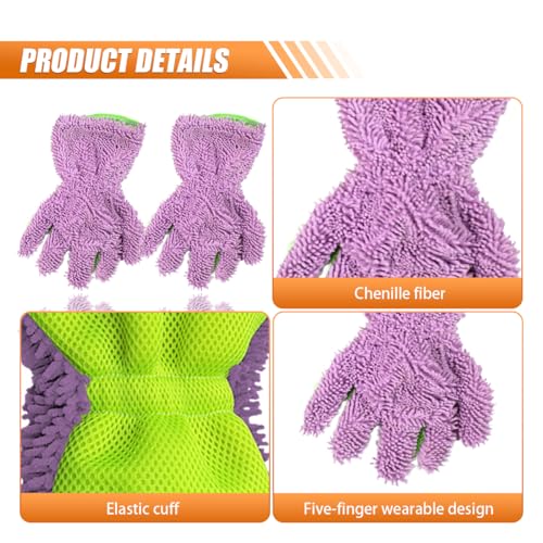 Craedli 2PCS Car Wash Mitts, Anti-Scratch Double Sided 5-Finger Microfiber Car Interior&Exterior Detailing Gloves, Soft Vehicle Chenille Dusting Mitt for Cleaning Wheel Tight Spot (Purple) - color: Purple