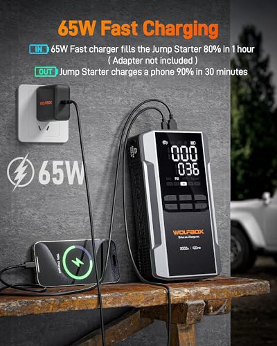 WOLFBOX MV16A 3000A Jump Starter with Air Compressor, 59.2Wh&160PSI Portable Car Battery Jump Starter with 65W Fast Charging, 12V Battery Pack (8L Gas 6L Diesel) with Boost, Light and Jumper Cables - size: 3000A