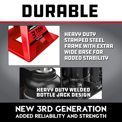 POWERBUILT 3 Ton All-in-One Hydraulic Bottle Jack and Jackstand in One, Compact, Wide Base, 11-21 Inch Range, Eliminates Jackstands, for Trucks, SUVs, RVs, Trailers, ASME, Not for Sedans - 640912 - color: Orange