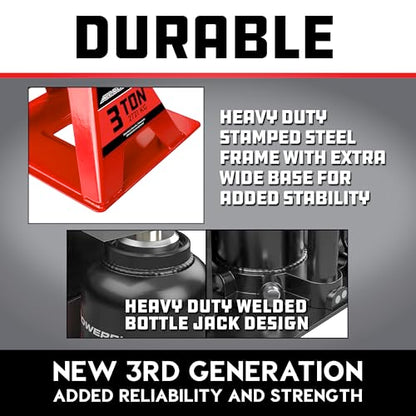 POWERBUILT 3 Ton All-in-One Hydraulic Bottle Jack and Jackstand in One, Compact, Wide Base, 11-21 Inch Range, Eliminates Jackstands, for Trucks, SUVs, RVs, Trailers, ASME, Not for Sedans - 640912 - color: Orange
