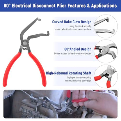7 Pcs Electrical Disconnect Pliers, Electrical Connector Removal Tool | Connector Separator, Hose Clamp Pliers, Terminal Removal Tools, Work Gloves & Tool Bag - for Automotive Electrical Connector