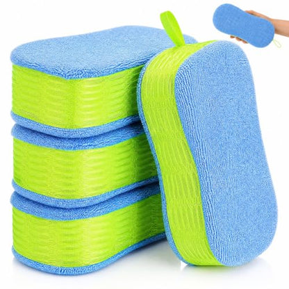 4 Pack Large Microfiber Car Wash Sponges, Cleaning Extra Thick Multi-Purpose Non Scratch Dual-Sided Scrub Pad Reusable Pad for Car, Trucks, Suvs, Boat, Bathroom, Kitchen(Green) - color: Green