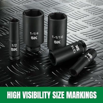 SK 1/2" Drive Impact Socket Set, Deep SAE Sockets, 13-Piece 7/16" to 1-1/4", Premium CR-MO Steel, SureGrip 6 Point Design, With Storage Case - size: SAE
