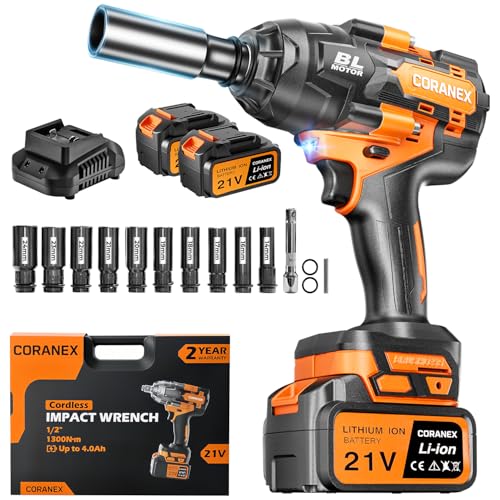 1/2" Cordless Impact Wrench | 1300N.m (960ft-lbs) | Fast Charger | 2x4.0Ah Batteries - Longer Runtime | 3 Variable Speeds | Brushless High Torque Impact Gun for Car/Mower/Pickup with Case