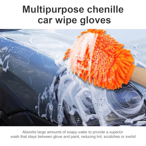 Ziciner Premium Microfiber Wash Mitt, Soft Scratch-Free Double-Sided Chenille Washing Gloves Perfect for Car Washing and Detailing (Orange, Large) - color: Orange