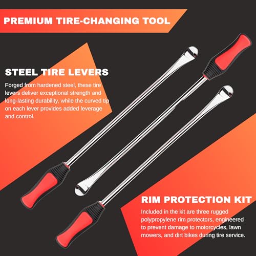 14.5” Steel Tire Spoons Tool Set - Tire Removal Tool, Motorcycle Tire Changer, Tire Changing Kit with 3 Piece Tire Spoons and Rim Protector, 6 Piece Valve Cores, Dirt Bike Tire Changing Kit