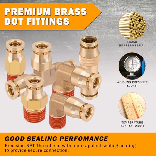 14 Pcs 1/4" Brass DOT Air Line Fittings Kit 1/8" 1/4" DOT Push Lock Air Fittings NPT Thread & Quick Connect Air Hose Fittings Kit - color: Gold-14PCS1/4"