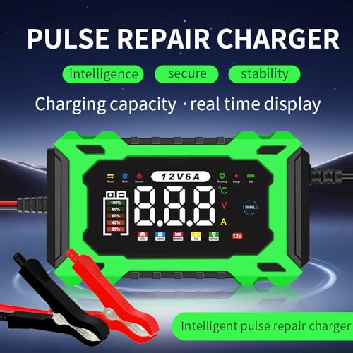 6-Amp 12V Smart Car Battery Charger, Battery Maintainer Trickle Charger with Desulfator, Pulse Repair & Overcharge Protection - for Car Lawn Mower Marine Lead-Acid Batteries (Green) - color: Green