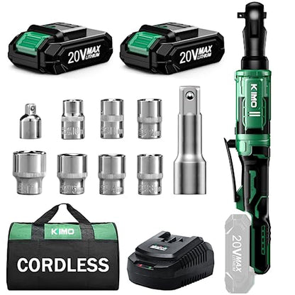 KIMO Extended Cordless Ratchet Wrench 1/2", 400RPM 40Ft-Lbs 4-Inch Long Neck Electric Ratchet Wrench Set w/Variable Speed, 7 Sockets & 1/4" Adapter, 12V Power Ratchet Wrenches with 2x2.0 Ah Batteries - color: Deep Dark Green