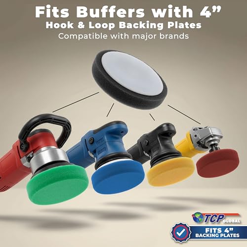 TCP Global 4 Inch Buffing Pads Set - 5 Smooth Flat Foam Buffer Pads & 1 Wool Pad for Orbital Buffers, DA Polish Pad for Paint Correction, Polishing Kit for Auto & Boat Gelcoat Detailing