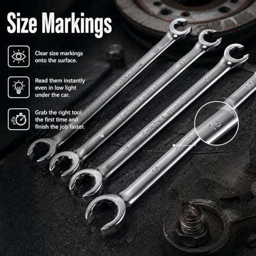 4PCS Double-ended Flare Nut Wrench Set,Offset Car Brake Line Wrench Set | with 8mm/10mm/9mm/11mm/13mm/14mm/15mm/17mm,Metric Car Flare Wrenches Sets Automotive Tools