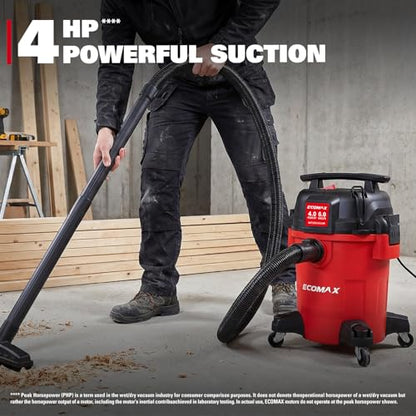 ECOMAX Ultra Quiet Shop Vacuum Wet and Dry 6 Gal 4 HP | 80% Less Noise, 3X Longer Motor Lifespan, Powerful Sunction, Portable Shop Vacuum Cleaner for Garage Workshop Jobsite