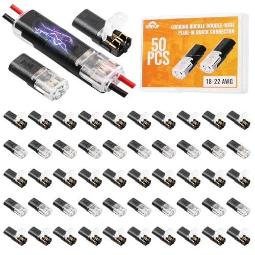 50Pcs D2 Quick Connect Wire Connectors – Optional Stripping Double Wire Plug in Connector with Locking Buckle, Flame Retardant 2Pin for LED Strip Lights, DIY, Low-Voltage & Model Kits 18-22AWG