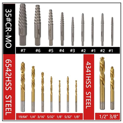 18Pcs Screw Extractor and Left Hand Drill Bit Set | Easy Out Broken Bolt Remover Reverse 6542/4341 HSS Steel Cobalt Bolt Extractor Kit for Remove Stripped Screws Damaged Studs - size: Upgarded Kit-18PCS