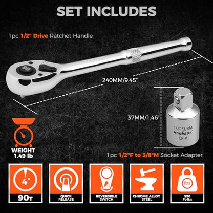 HORUSDY 1/2" Drive 90T Quick-Release Ratchet Handle, Reversible Chrome Alloy Socket Wrench with 1/2" to 3/8" Adapter, Durable and Comfortable for Automotive, DIY, Industrial and Bicycle Repairs - style: 1/2" Drive 90T