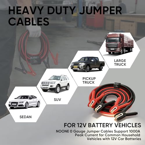 Noone Heavy Duty Jumper Cables, 0 Gauge 25Feet 1000Amp Automotive Booster Cables with Reverse Polarity Protection for Car, SUV and Truck, Jumper Cables Kit with Carry Bag, Gloves, Brushes and Goggles - size: 0Gauge x 25FT