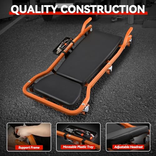 Auto Dynasty 42.5 Inches Mechanic Creeper, Automotive Garage Repair Low Profile Under Car Rolling Creeper with 3-Level Adjustable Padded Headrest and Side Tool Tray, Steel, Orange - color: Orange