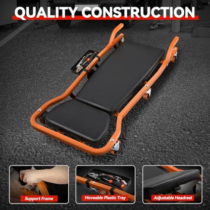 Auto Dynasty 42.5 Inches Mechanic Creeper, Automotive Garage Repair Low Profile Under Car Rolling Creeper with 3-Level Adjustable Padded Headrest and Side Tool Tray, Steel, Orange - color: Orange