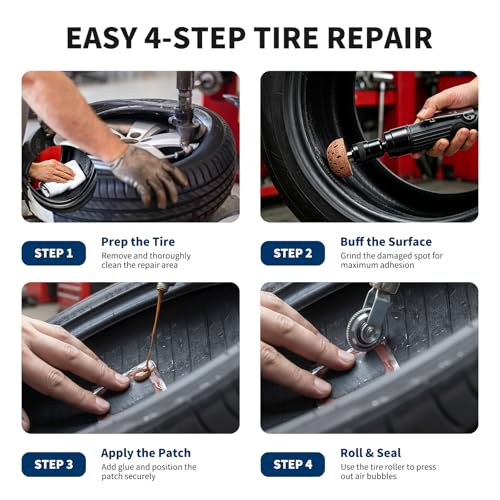 Pneumatic Tire Plug Tools Kit 2500RPM Low Speed Tire Buffer Grinder with Tungsten Steel Grinding Head, Tire Scraper, Rubber Pressure Roller Tire Patch Kit for Auto Tire Repair and Maintenance