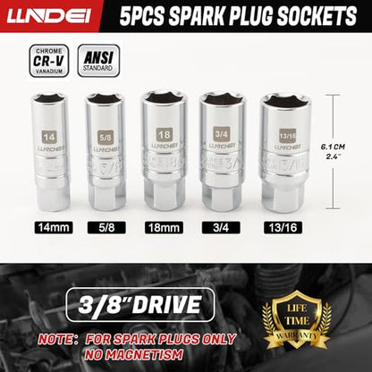 LLNDEI 3/8 Inch Drive Spark Plug Socket Set SAE & Metric, High Visibility 6 Point Sockets CR-V Steel, Mirror Polished Sockets with Rubber Retaining Rings-Spark Plug Removal Tool for Car Repair 7PCS - size: 6 pieces + extension bar