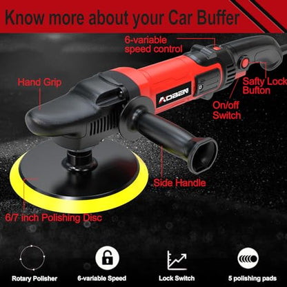 AOBEN 6/7 inch Buffer Polisher,Rotary Car Buffer,1600W Car Polisher Waxer Kit with 6 Variable Speed 1000-3500RPM & 4 Polishing Pads,Detachable Handle for Car Polishing and Waxing - size: AT3501C-1